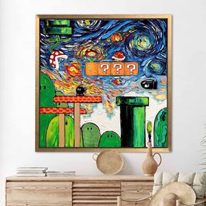 Super Mario Van Gogh Canvas Print: Abstract Artwork for Game Room Decor,Gold <b>Framed</b> - Product Image 1