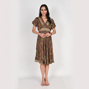 Vestido MIDI vintage reciclado de seda con cuello en V y mangas fluidas, traje bohemio fluido de verano, ropa informal - Product Image 4