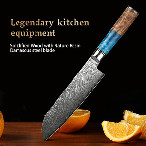Venta al por mayor personalizado de alta calidad OEM ODM servicio estilo japonés hoja de acero damasco cuchillo de cocina mango de resina cuchillo de Chef azul - Product Image 2