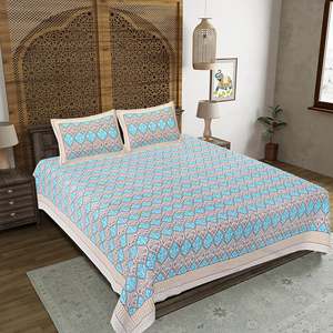 Turquoise Blue 240TC Cotton <b>Floral</b> Print <b>Bed</b> <b>Sheet</b> Set with 2 Pillow Covers (SHKV1050) - Product Image 1