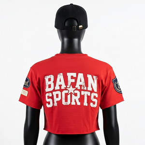 Top corto de algodón jersey premium para mujer, suave, transpirable, rojo, con logo impreso personalizado, ropa casual, camiseta corta de algodón para mujer - Product Image 4