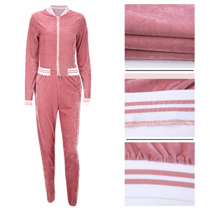 OEM personalizado de dos piezas de manga larga con cremallera chaqueta y pantalones trajes personalizados Activewear chándal de terciopelo para las mujeres - Product Image 5