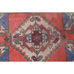 Vintage Rug 1.5x3 ft, <b>Red</b> Blue Check <b>Wool</b> Turkish Rug - Product Image 5