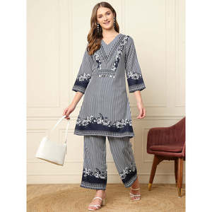 Conjuntos coordinados Deebaco para mujer, con rayas azules, cuello en V, manga tres cuartos, largo hasta el tobillo, estilo casual de verano, kurta con palazzo. - Product Image 1