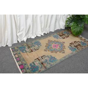 Alfombra grande de lana azul beige bohemio de 1,8x3,7 pies hecha a mano diseño turco clásico látex Rectangular Patchwork para habitación de pasillo - Product Image 3