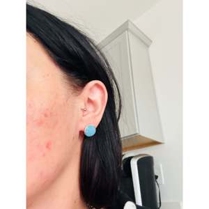 Zuni Handmade Kingman Turquoise & Sterling <b>Silver</b> <b>Stud</b> <b>Earrings</b> Geometric Inlay Design - Product Image 2