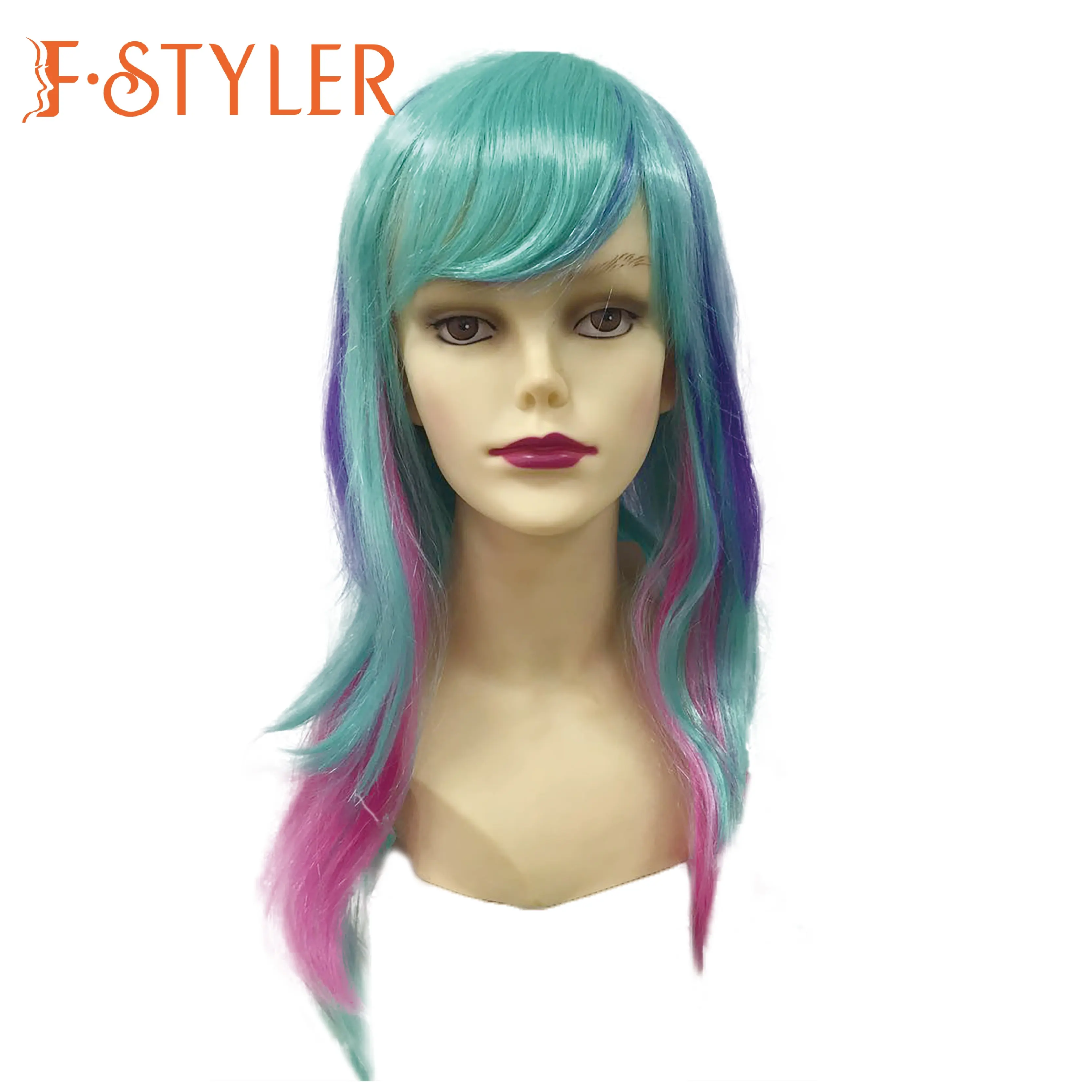 FSTYLER wig karnaval Halloween gelombang warna-warni lapisan ganda diskon besar wig pesta mode kustomisasi pabrik grosir