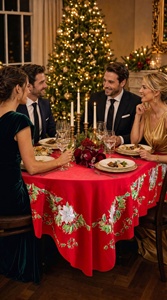 Nappe de Noël ronde en velours de luxe avec broderie artisanale personnalisable pour les fêtes et la maison - Product Image 3