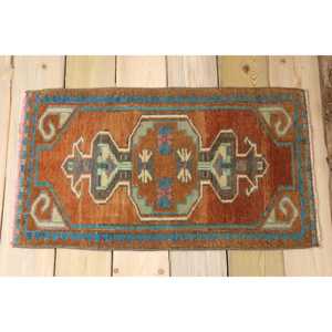 พรมตุรกีขนาดเล็ก 1.4x2.5 ฟุต สีน้ำตาล-น้ำเงินลายพราง ทำจากขนสัตว์ - Product Image 2