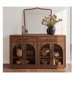 Gabinete de almacenamiento de hueso de madera con puerta de vidrio de diseñador Premium, acabado moderno, sala de estar de calidad duradera, 3 cajones para casas de lujo - Product Image 1