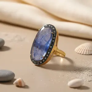 Bague ovale en or plaqué pour femme avec pierre précieuse bleue, bijoux fins, cadeau, forme de numéro - Product Image 1