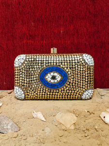 Handcrafted Evil Eye Mosaic <b>Clutch</b> <b>Bag</b> with Mother of <b>Pearl</b> Inlay Gold Tone Metal Work Luxury Evening Party Handbag for women - Product Image 4