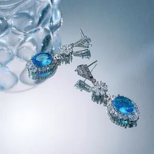 Boucles d'oreilles pendantes en argent 925 de style vintage 3.40 ct coupe ovale Moissanite aigue-marine - Product Image 2