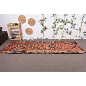 พรมตุรกีวินเทจสีแดงส้ม3.4 x 9.7ft ใหม่10มม. ผ้าขนสัตว์ยางเย็บปะติดปะต่อกันลวดลายนามธรรมสำหรับห้องนั่งเล่นที่บ้าน - Product Image 2