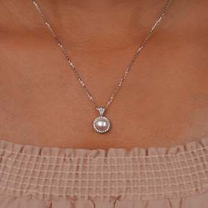SHREYA DIAM Classic 925 <b>Silver</b> Freshwater <b>Pearl</b> Pendant <b>Necklace</b> Diamond Halo Snake Chain Romantic Style for Women Wedding - Product Image 1