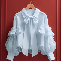 Coton Dames Doux Blouses Femmes À Manches Longues Bandage Vintage Chemises Solide Couleur Arc Lâche Automne Blouse