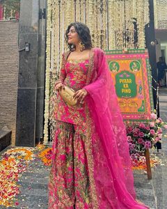 Heavy Embroidery Sequence Work Women Set Chinon <b>Silk</b> Heavy Sequence Embroidery & Print Top and Sharara With Fancy Design Dupatta - Product Image 4