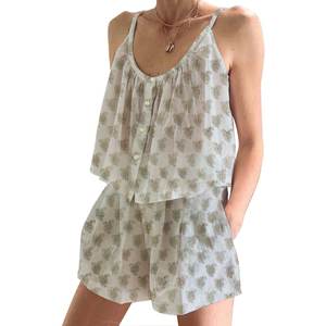 Conjunto de Pijama Corto con Mangas con Volantes Estilo Boho Hippie para Mujer, Algodón Indio, Primavera/Verano, Floral, Ajustado, con Tirantes, Sin Mangas - Product Image 1