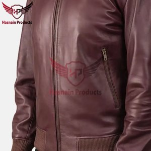 <b>Mens</b> Real Maroon <b>Leather</b> Bomber <b>Jacket</b> Ribbed Collar Zip Side Pockets Sheepskin Burgundy Flight Coat Custom Brown Winter Outwear - Product Image 4