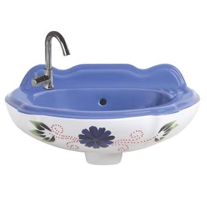 Lavabo con estampado de flores blancas y azules Diseño simple moderno Gabinete de tocador de baño montado en la pared Fregadero de cerámica - Product Image 1
