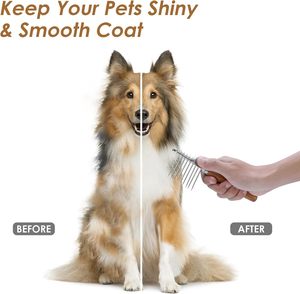 Peigne pour chien en acier inoxydable avec manche en bois, brosse démêlante et râteau pour sous-poil pour chiens et chats à poils longs et épais, style simple - Product Image 4