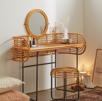Ensemble de table de toilette en rotin artisanal |   Table de toilette moderne style bohème avec miroir et tabouret de rangement