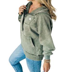 New Custom Acid <b>Zip</b> <b>up</b> <b>Hoodie</b> for Women Solid Vintage Look Oversized Polyester Cotton Casual Winter Eco Friendly - Product Image 3