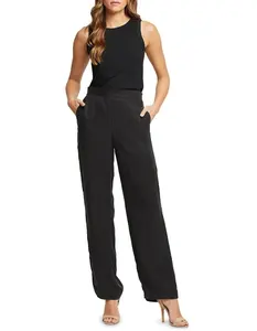 Pantalon de style moderne pour l'été en poches latérales à taille élastique noire et jambe droite coupe décontractée et pantalon conçu pour les femmes - Product Image 1