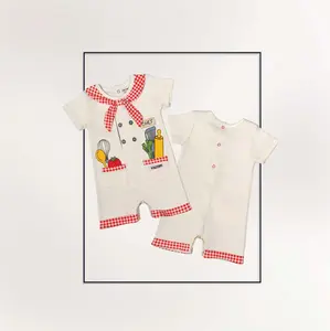 新款婴儿服装100% 针织棉面料婴儿方格贴花连裤价格优惠
