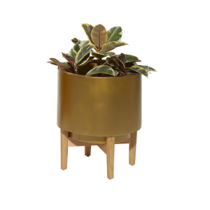 กระถางโลหะพร้อมขาตั้งไม้ตกแต่งสวนสไตล์ราชวงศ์ทำจากทองคำคุณภาพมาตรฐาน - Product Image 1