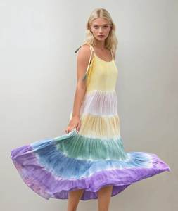 Bohème Tie Dye Flowy Maxi Dress Femmes Taille Naturelle Écologique Respirant Bretelles Spaghetti Multicolore Casual Ourlet Évasé - Product Image 4