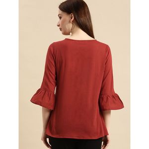 Women's Tie-Up Neck <b>Top</b> with for <b>Rust</b> Embroidery Casual Leisure <b>Tops</b> - Product Image 4