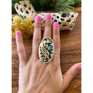 Navajo Handmade <b>Statement</b> <b>Ring</b> Kingman Turquoise & Sterling <b>Silver</b> Bezel Set Size 8.75 for Everyday Wear - Product Image 2