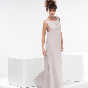 Robe longue décontractée en lin à dos nageur pour femmes, blouse d'été faite à la main avec doublure en coton, ourlet évasé et motif solide, tenue quotidienne - Product Image 1