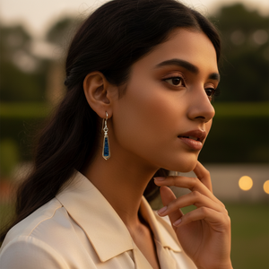 Boucles d'oreilles pendantes en argent 925 pour femmes avec diamant bleu, design géométrique tendance, style classique et religieux pour mariage ou fête - Product Image 1