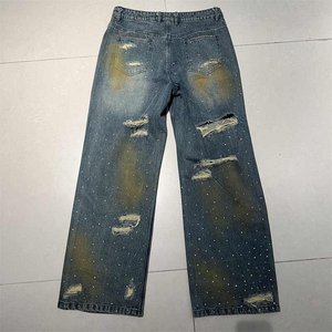 Venta al por mayor French Terry Sweatpants Hombres Sun Faded Acid Washed Vintage Rhinestone Jean hombres Pantalones rectos curvos a rayas - Product Image 2