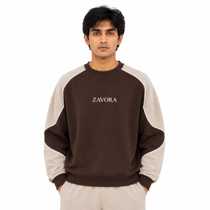 Brown Beige Colorblock Raglan Crew Neck <b>Men's</b> <b>Sweatshirt</b> Contrast Panel <b>White</b> Piping Relaxed Fit Ribbed Cuff Custom OEM Supplier - Product Image 1