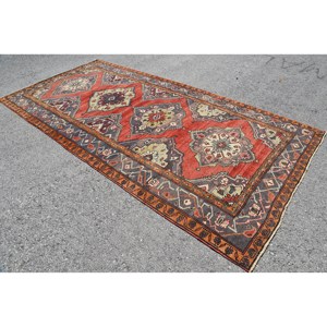 Tapis Vintage en Laine Rouge et Orange Patchwork Design 5.5X11.4 pi pour Entrée Chevet ou Couloir Latex soutenu - Product Image 2