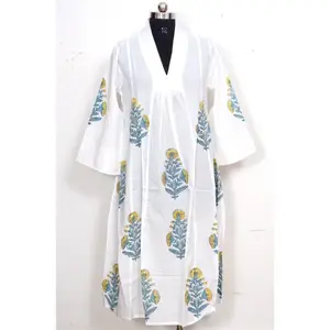 Indian Voile Cotton Hand Block Print Kleid Deep V-Neck Kleid Indisches handgemachtes Baumwoll kleid Long Party Wear Kurtis