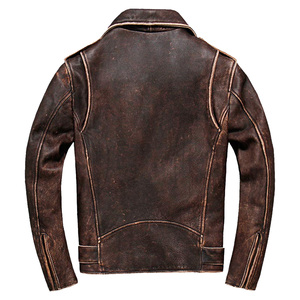 Retro Biker Distressed Vintage Brown Genuine Cowhide Diagonal Lapel Collar Motorcycle Racer Lightweight Customize Leather Jacket - Product Image 3