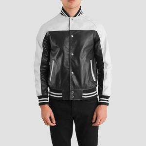 Chaqueta Varsity de Cuero Sólido Blanco y Negro, Lona Cruda de Primera Calidad, Transpirable, Resistente al Viento e Impermeable, con Cierre Frontal, para Invierno - Product Image 4