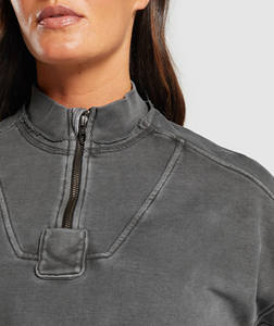 Sudaderas con cremallera de cuarto de algodón 100% de alta calidad para mujer, Top corto de invierno bordado de Terry francés lavado con ácido personalizado, entrenamiento - Product Image 5