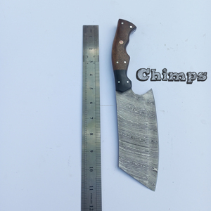 Couteau de chef damassé fait à la main avec manche en bois de rose couteau de boucher couperet à viande avec gaine en cuir - Product Image 4