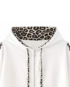 <b>White</b> Zip Up <b>Hoodie</b> And Black Jogger Pants Set Women Leopard Trim Fleece Tracksuit Casual Streetwear Outfit - Product Image 3