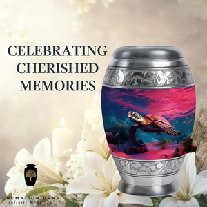 Urne funéraire en aluminium fabriquée à la main Finition enduite Meena en grandes tailles et souvenirs Urnes funéraires au design gravé tortue - Product Image 4