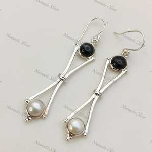 <b>Black</b> Onyx Pearl <b>Earrings</b>, Sterling Silver <b>Dangle</b>, Handmade Jewelry - Product Image 2