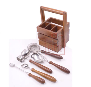 Ensemble de couverts en acier inoxydable avec poignée en bois pour décor de table de service avec porte-panier en bois avec pochette en cuir - Product Image 6