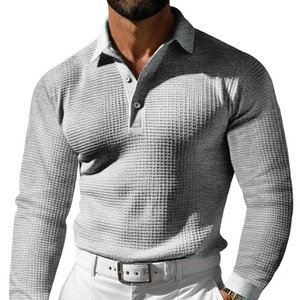 2025 Men's 100% Cotton Business Casual for Polo <b>Shirt</b> Solid Color Waffle Fabric Lapel <b>Button</b> Long Sleeve New Daily Simple - Product Image 1