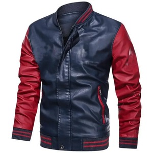 Veste en cuir PU à blocage de couleur pour hommes version décontractée vestes à col montant hommes distribution en gros veste de moto hommes rouge - Product Image 4