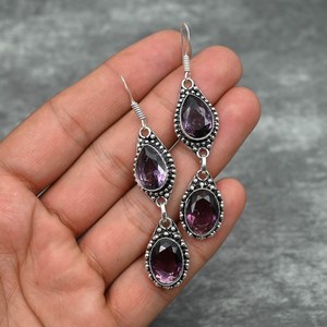 Boucles d'oreilles en améthyste, argent sterling 925, boucles d'oreilles en pierres précieuses faites à la main, bijoux cadeau pour elle, mère, élégantes boucles d'oreilles en améthyste - Product Image 2